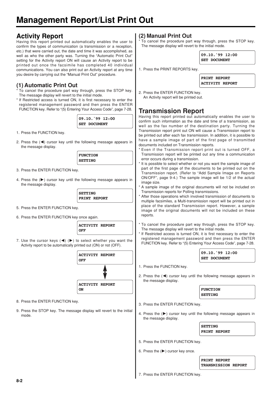 Activity report, 1) automatic print out, 2) manual print out | Transmission report, Activity report -2, 1) automatic print out -2, 2) manual print out -2, Transmission report -2, Management report/list print out | TA Triumph-Adler FAX 950 User Manual | Page 102 / 155