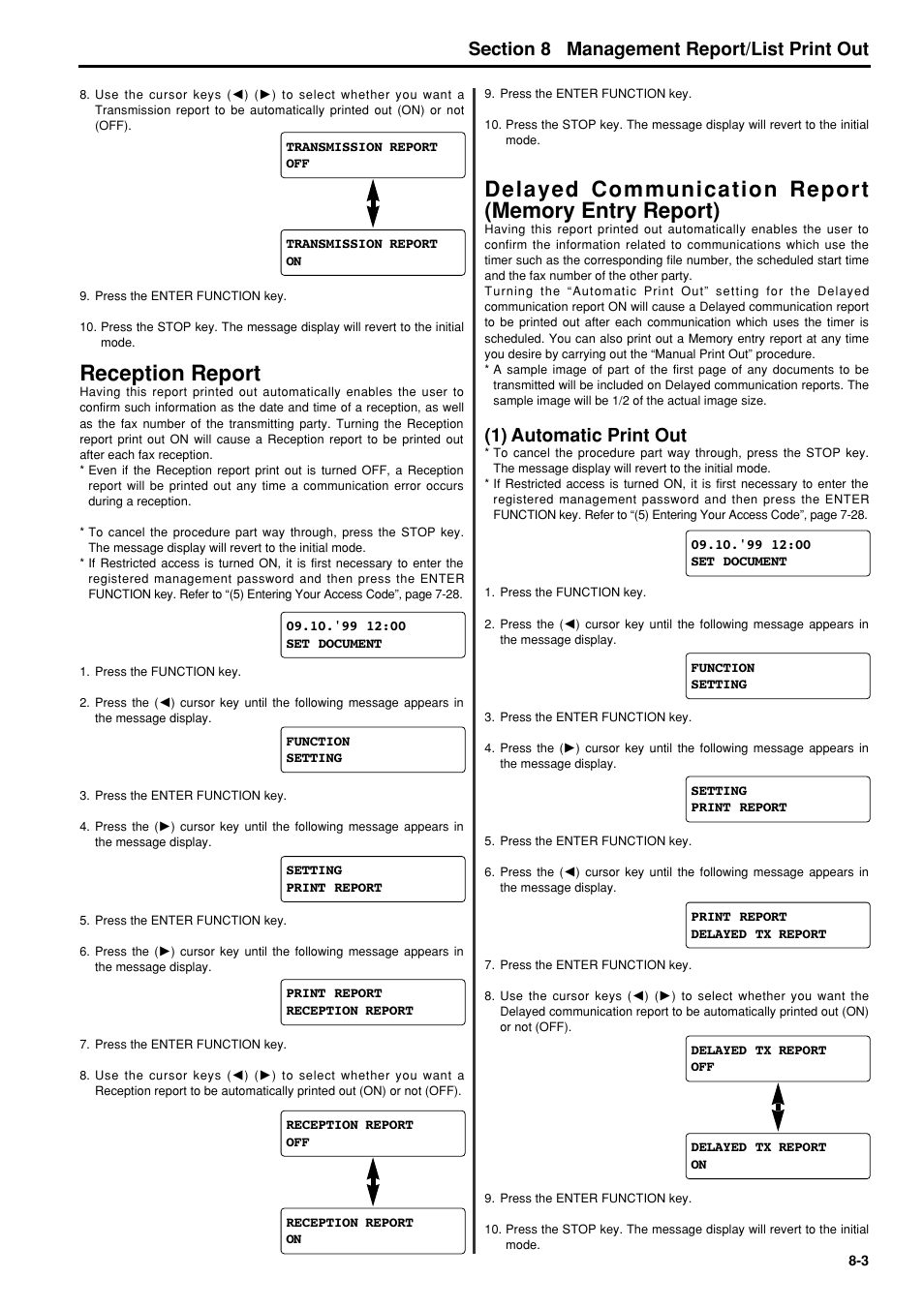 Reception report, Delayed communication report (memory entry report), 1) automatic print out | Reception report -3, Delayed communication report, Memory entry report) -3, 1) automatic print out -3, 6hfwlrq management report/list print out | TA Triumph-Adler FAX 950 User Manual | Page 103 / 155