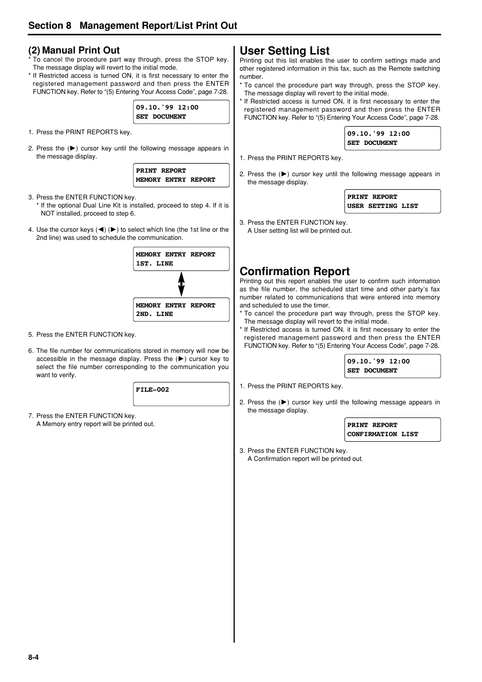 2) manual print out, User setting list, Confirmation report | 2) manual print out -4, User setting list -4, Confirmation report -4 | TA Triumph-Adler FAX 950 User Manual | Page 104 / 155