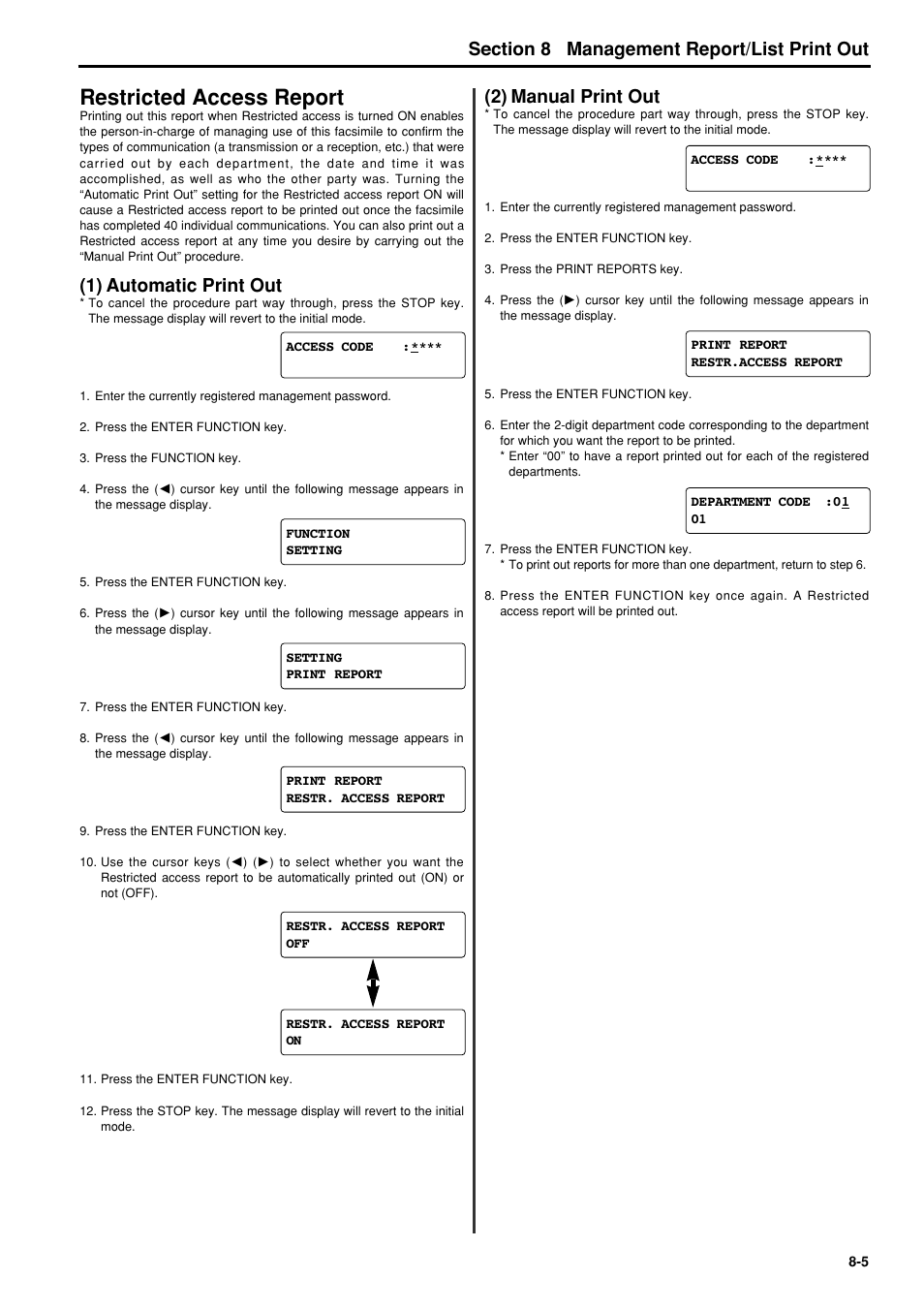 Restricted access report, 1) automatic print out, 2) manual print out | Restricted access report -5, 1) automatic print out -5, 2) manual print out -5, 6hfwlrq management report/list print out | TA Triumph-Adler FAX 950 User Manual | Page 105 / 155