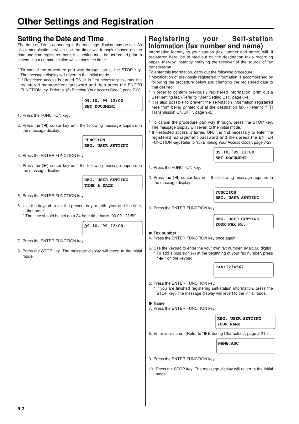 Setting the date and time, Setting the date and time -2, Registering your self-station information | Fax number and name) -2, Other settings and registration | TA Triumph-Adler FAX 950 User Manual | Page 108 / 155