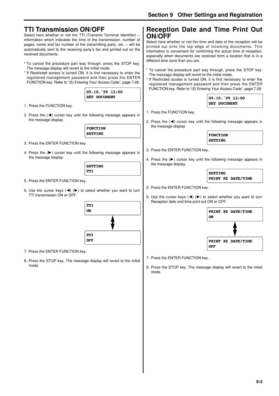 Tti transmission on/off, Reception date and time print out on/off, Tti transmission on/off -3 | Reception date and time print out on/off -3, 6hfwlrq other settings and registration | TA Triumph-Adler FAX 950 User Manual | Page 109 / 155