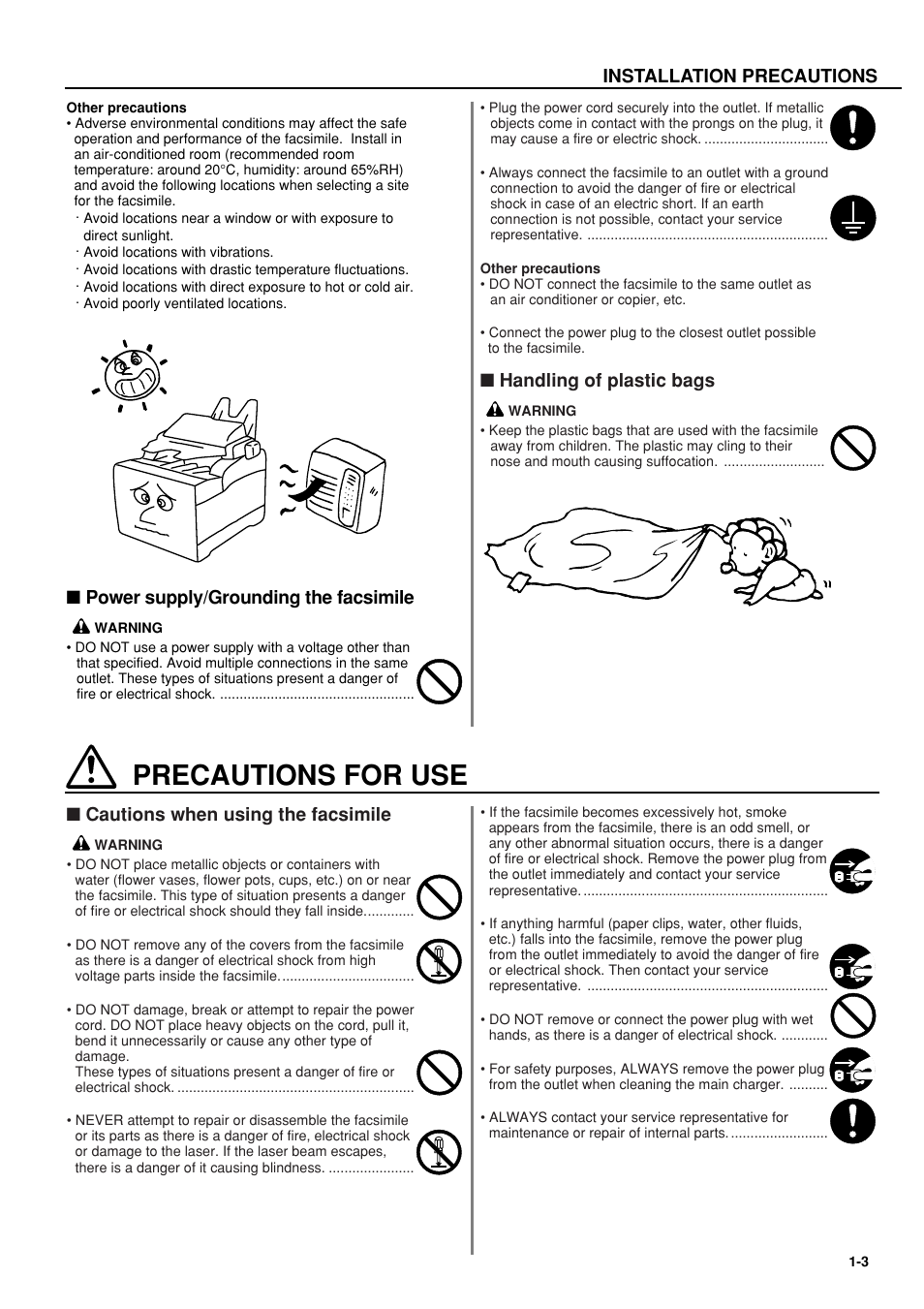 Precautions for use, Precautions for use -3, Installation precautions | Power supply/grounding the facsimile, Cautions when using the facsimile, Handling of plastic bags | TA Triumph-Adler FAX 950 User Manual | Page 11 / 155