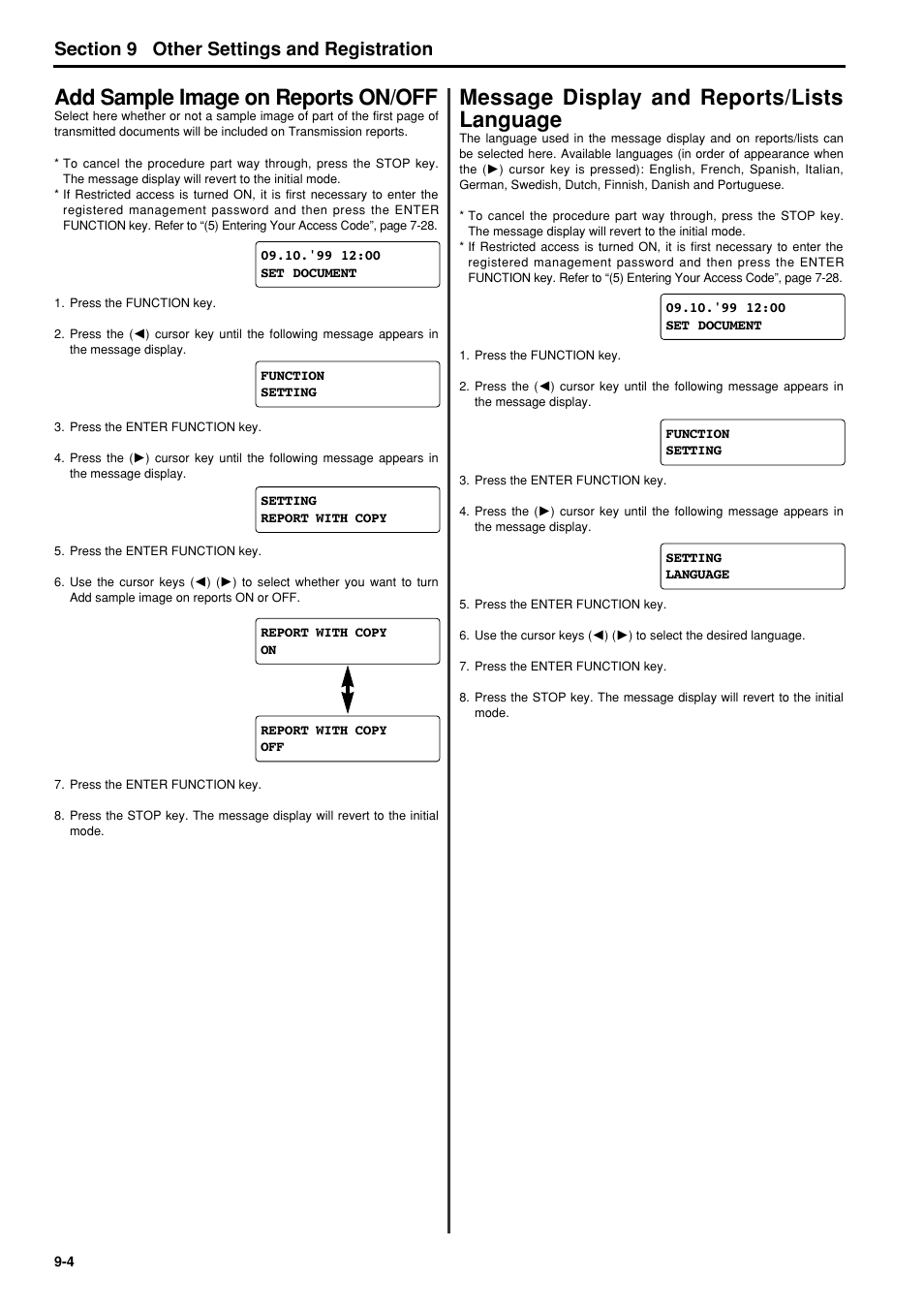 Add sample image on reports on/off, Message display and reports/lists language, Add sample image on reports on/off -4 | Message display and reports/lists language -4, 6hfwlrq other settings and registration | TA Triumph-Adler FAX 950 User Manual | Page 110 / 155