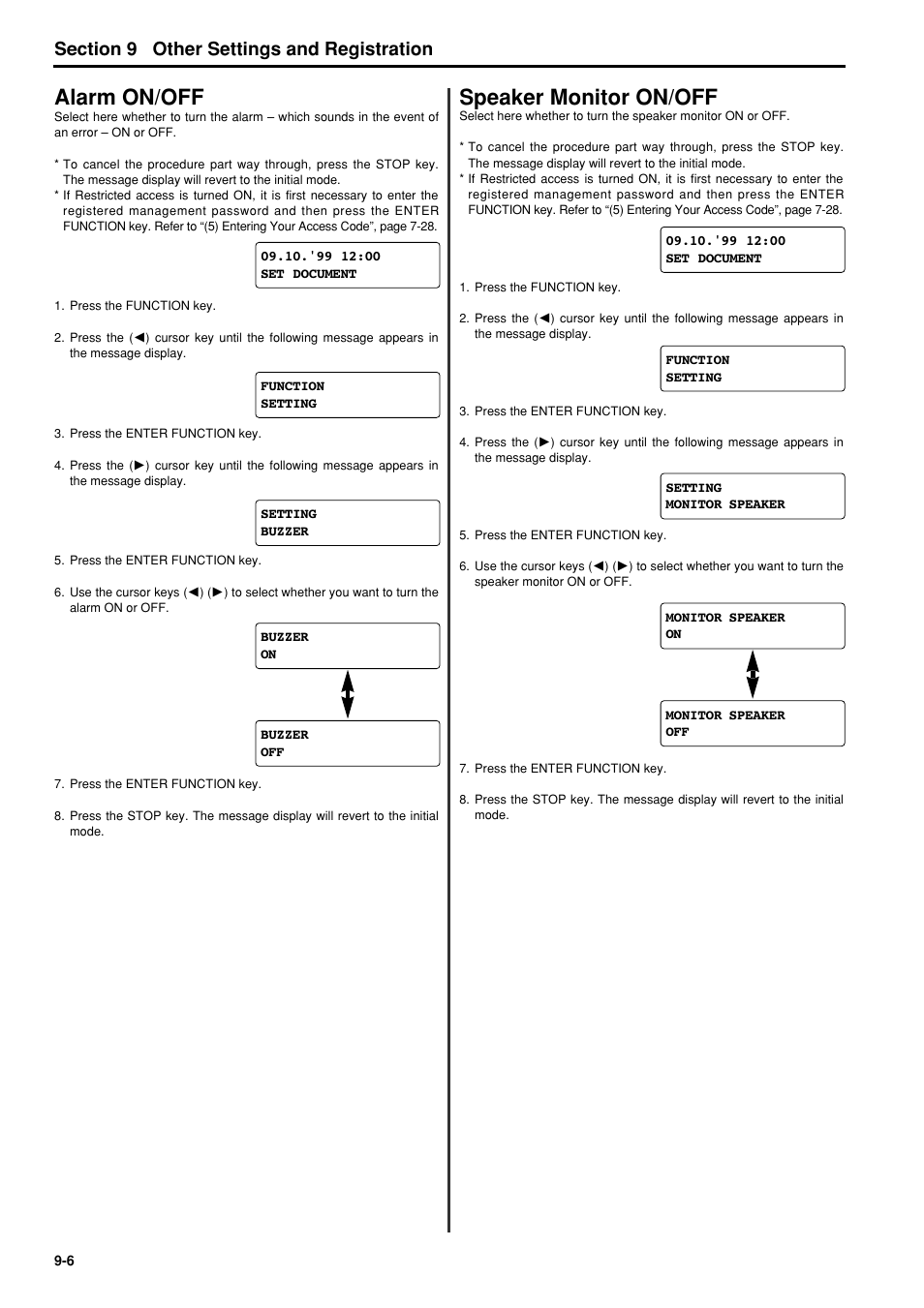 Alarm on/off, Speaker monitor on/off, Alarm on/off -6 | Speaker monitor on/off -6, 6hfwlrq other settings and registration | TA Triumph-Adler FAX 950 User Manual | Page 112 / 155