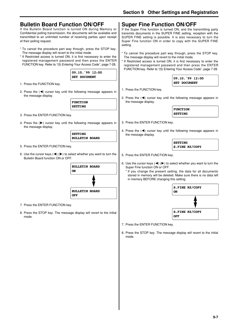 Bulletin board function on/off, Super fine function on/off, Bulletin board function on/off -7 | Super fine function on/off -7, 6hfwlrq other settings and registration | TA Triumph-Adler FAX 950 User Manual | Page 113 / 155