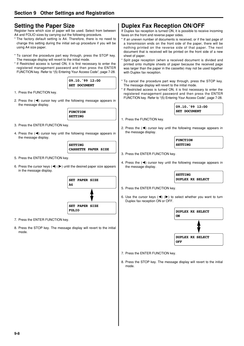 Setting the paper size, Duplex fax reception on/off, Setting the paper size -8 | Duplex fax reception on/off -8, 6hfwlrq other settings and registration | TA Triumph-Adler FAX 950 User Manual | Page 114 / 155