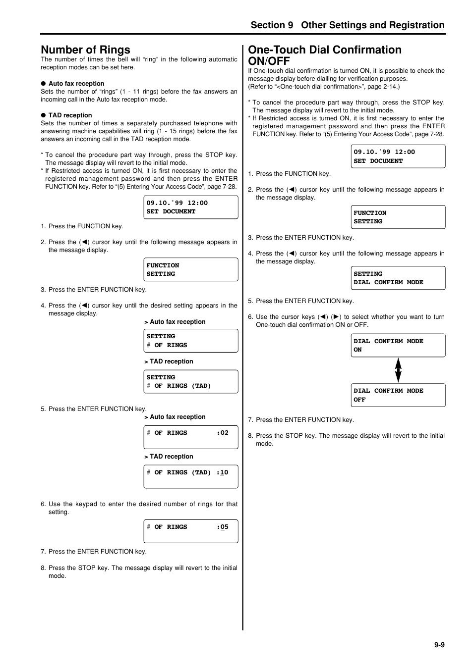 Number of rings, One-touch dial confirmation on/off, Number of rings -9 | One-touch dial confirmation on/off -9, 6hfwlrq other settings and registration | TA Triumph-Adler FAX 950 User Manual | Page 115 / 155