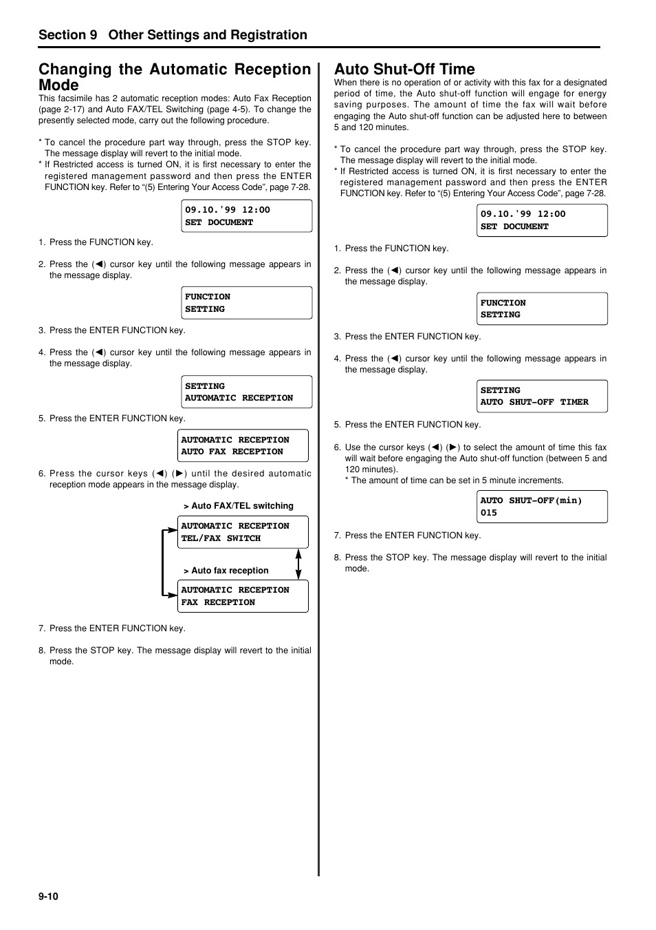 Changing the automatic reception mode, Auto shut-off time, Changing the automatic reception mode -10 | Auto shut-off time -10, 6hfwlrq other settings and registration | TA Triumph-Adler FAX 950 User Manual | Page 116 / 155