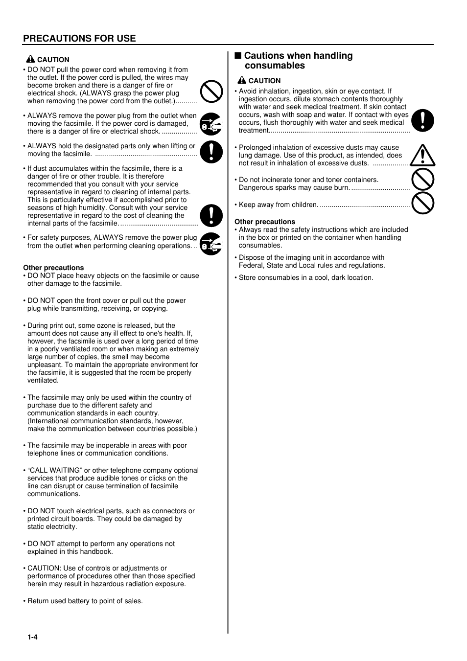 Precautions for use, Cautions when handling consumables | TA Triumph-Adler FAX 950 User Manual | Page 12 / 155