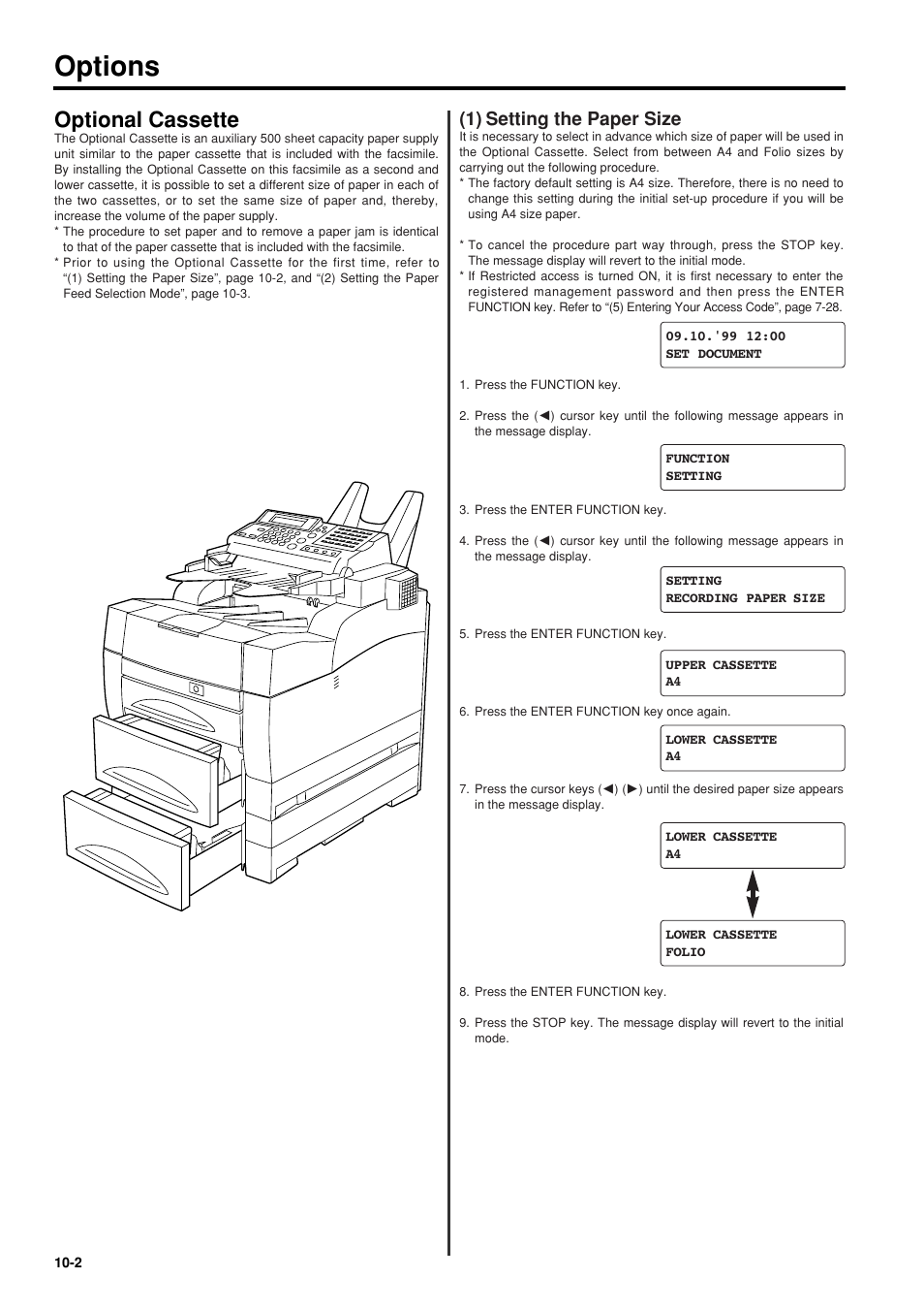 Optional cassette, 1) setting the paper size, Optional cassette -2 | 1) setting the paper size -2, Options | TA Triumph-Adler FAX 950 User Manual | Page 120 / 155