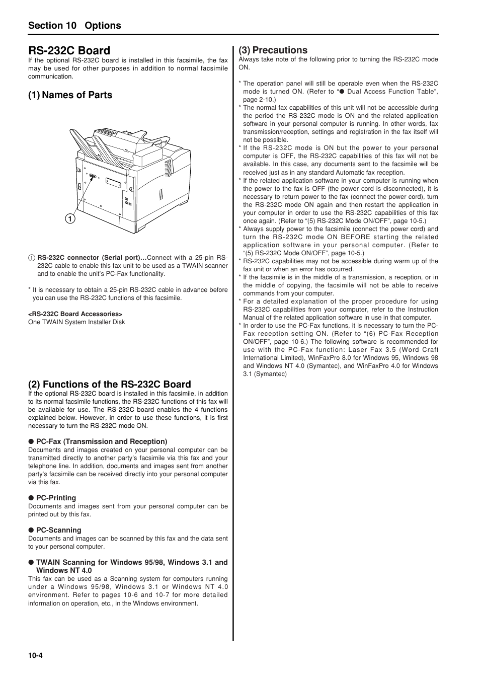 Rs-232c board, 1) names of parts, 2) functions of the rs-232c board | 3) precautions, Rs-232c board -4, 1) names of parts -4, 2) functions of the rs-232c board -4, 3) precautions -4, 6hfwlrq options | TA Triumph-Adler FAX 950 User Manual | Page 122 / 155