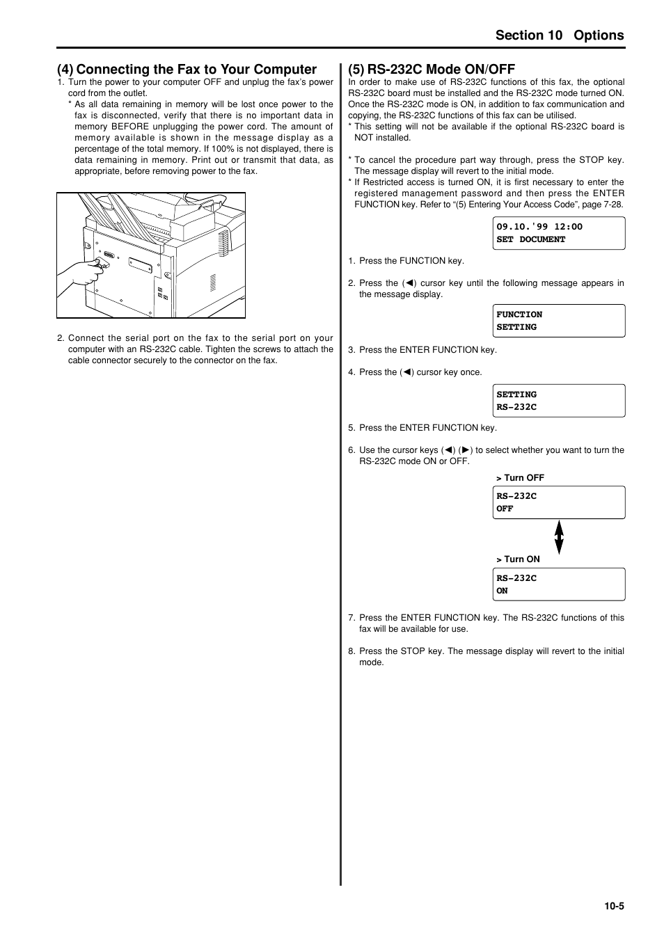 4) connecting the fax to your computer, 5) rs-232c mode on/off, 4) connecting the fax to your computer -5 | 5) rs-232c mode on/off -5 | TA Triumph-Adler FAX 950 User Manual | Page 123 / 155