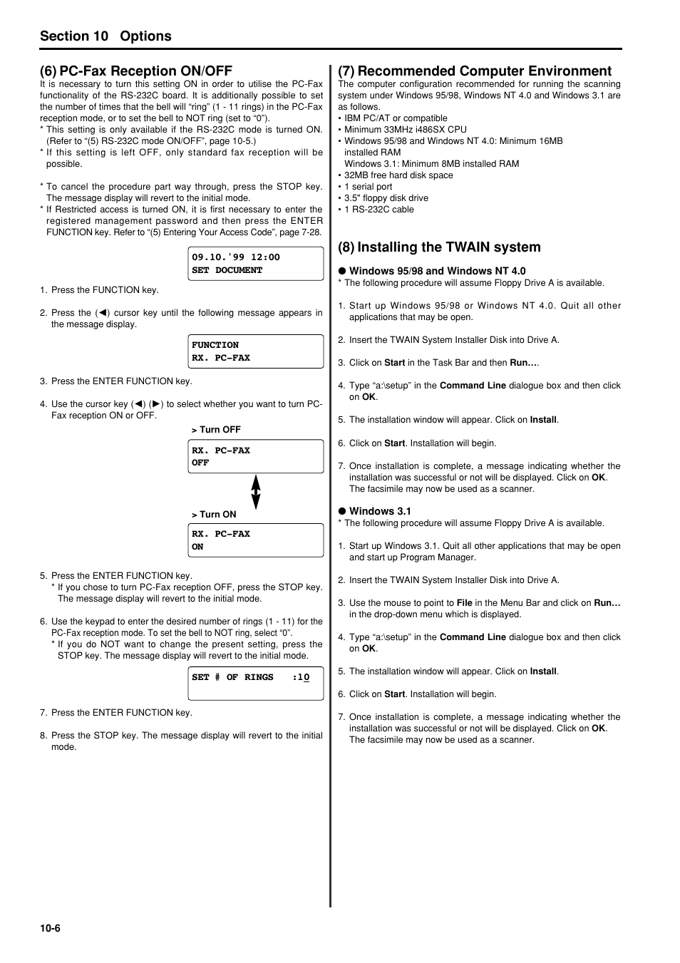 6) pc-fax reception on/off, 7) recommended computer environment, 8) installing the twain system | 6) pc-fax reception on/off -6, 7) recommended computer environment -6, 8) installing the twain system -6, 6hfwlrq options (6) pc-fax reception on/off | TA Triumph-Adler FAX 950 User Manual | Page 124 / 155