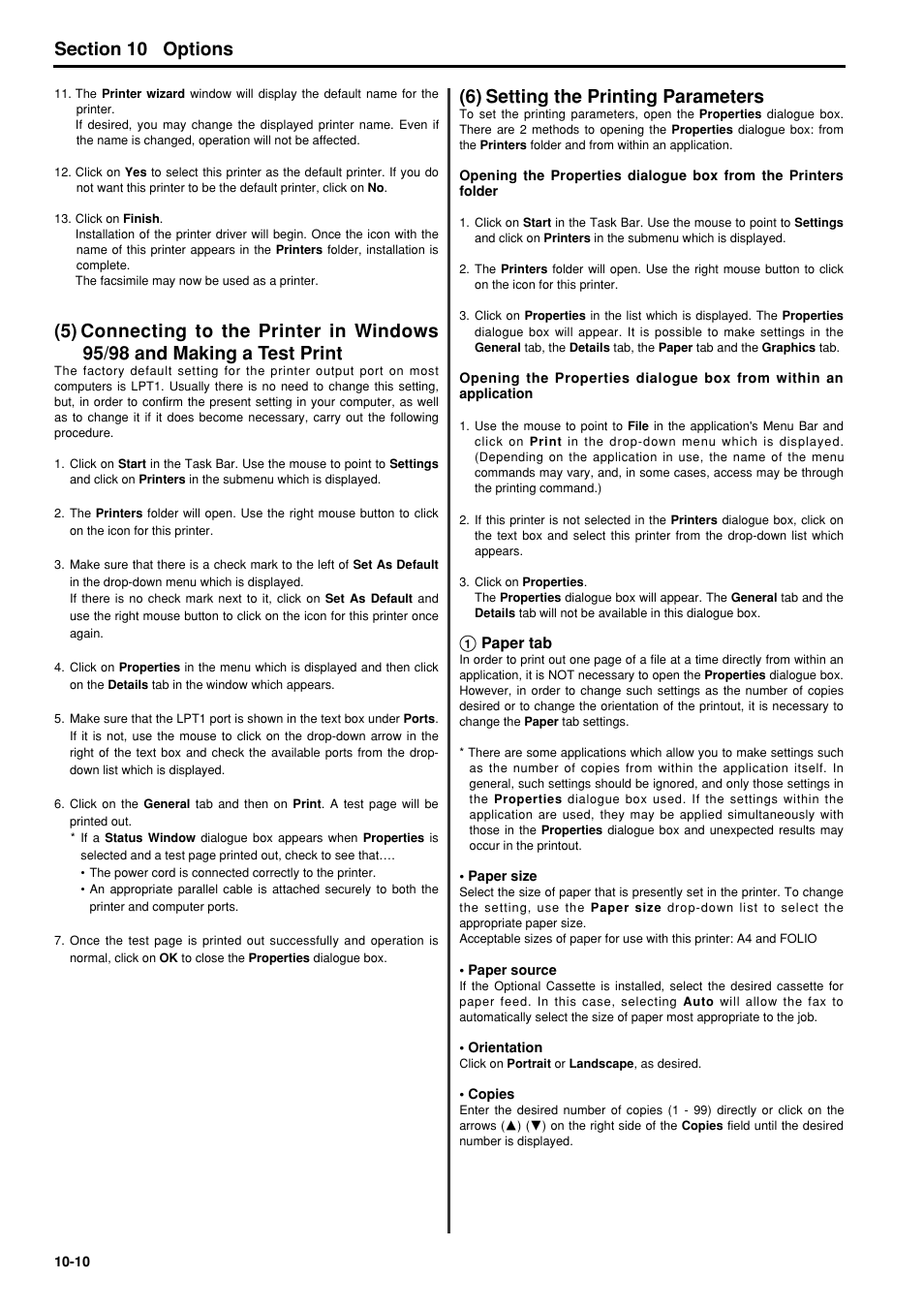 6) setting the printing parameters, 5) connecting to the printer in windows 95/98, And making a test print -10 | 6) setting the printing parameters -10, 6hfwlrq options | TA Triumph-Adler FAX 950 User Manual | Page 128 / 155