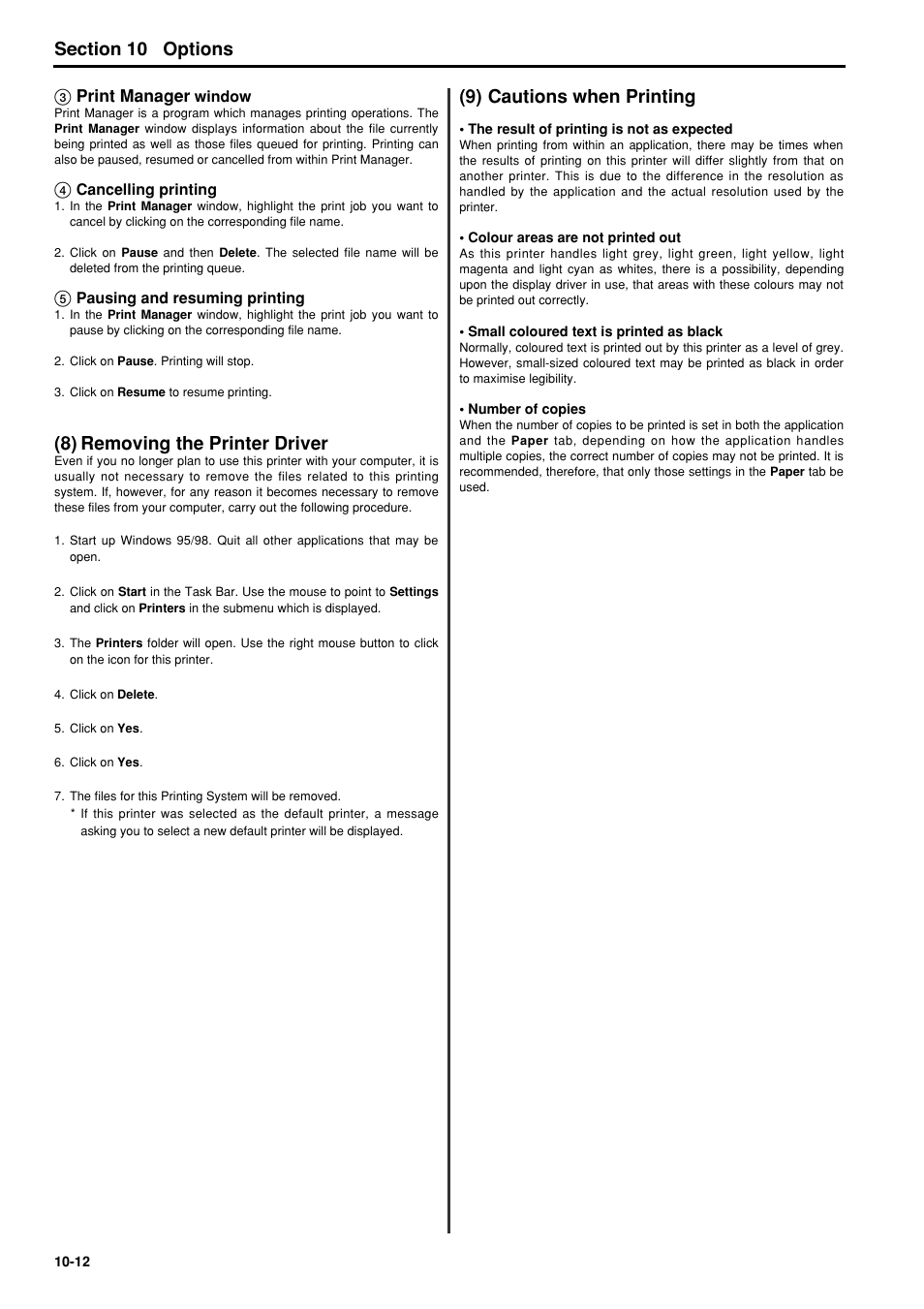 8) removing the printer driver, 9) cautions when printing, 8) removing the printer driver -12 | 9) cautions when printing -12, 6hfwlrq options | TA Triumph-Adler FAX 950 User Manual | Page 130 / 155