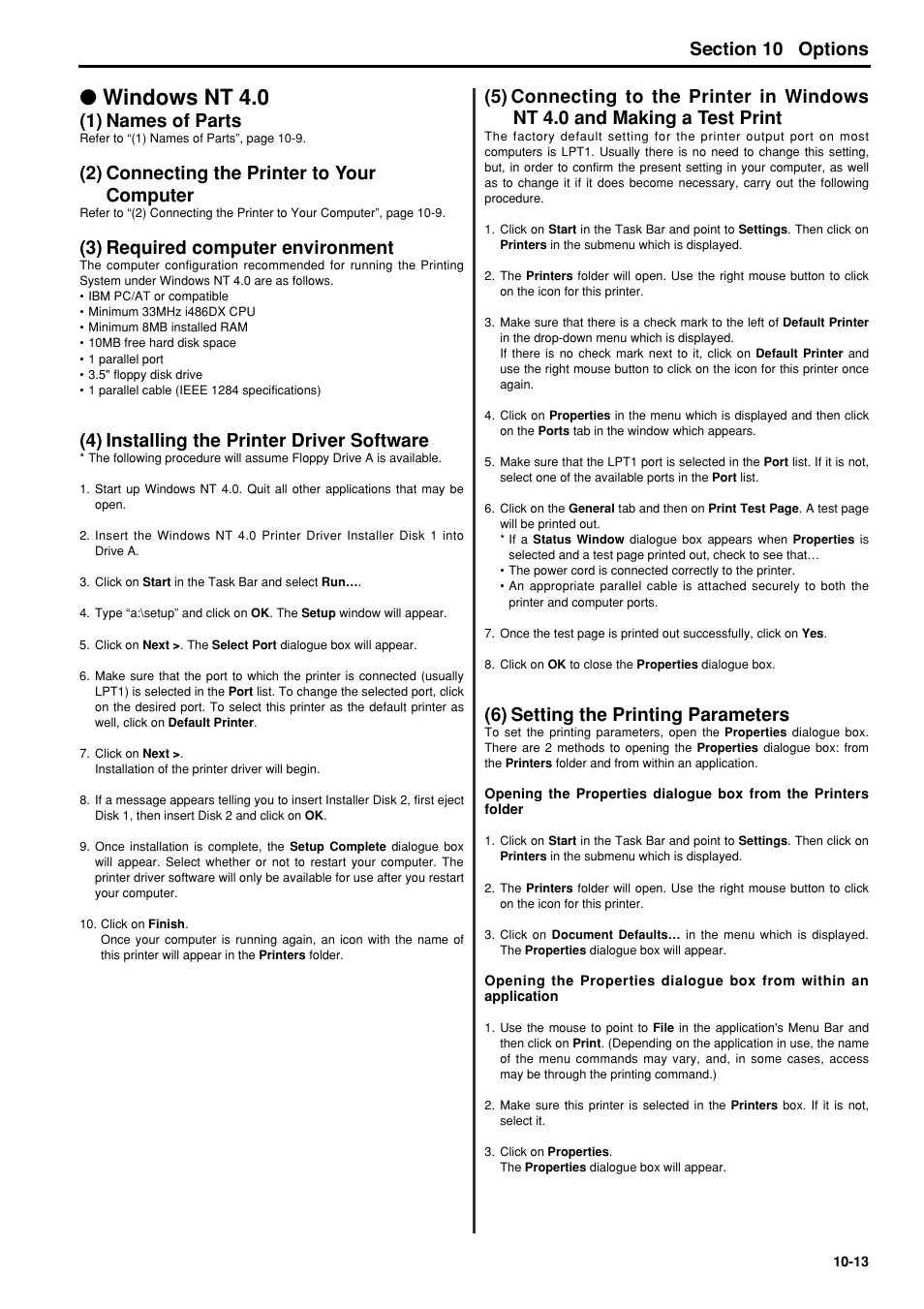 Windows nt4.0, 1) names of parts, 2) connecting the printer to your computer | 3) required computer environment, 4) installing the printer driver software, 6) setting the printing parameters, Windows nt4.0 -13, 1) names of parts -13, 2) connecting the printer to your computer -13, 3) required computer environment -13 | TA Triumph-Adler FAX 950 User Manual | Page 131 / 155