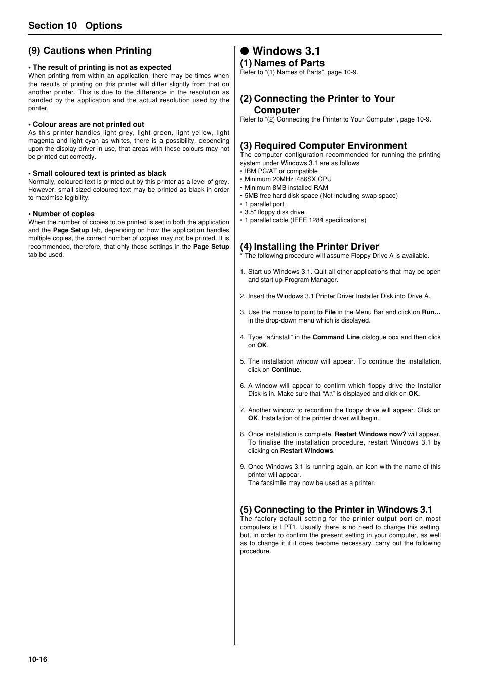 9) cautions when printing, Windows 3.1, 1) names of parts | 2) connecting the printer to your computer, 3) required computer environment, 4) installing the printer driver, 5) connecting to the printer in windows 3.1, 9) cautions when printing -16, Windows 3.1 -16, 1) names of parts -16 | TA Triumph-Adler FAX 950 User Manual | Page 134 / 155