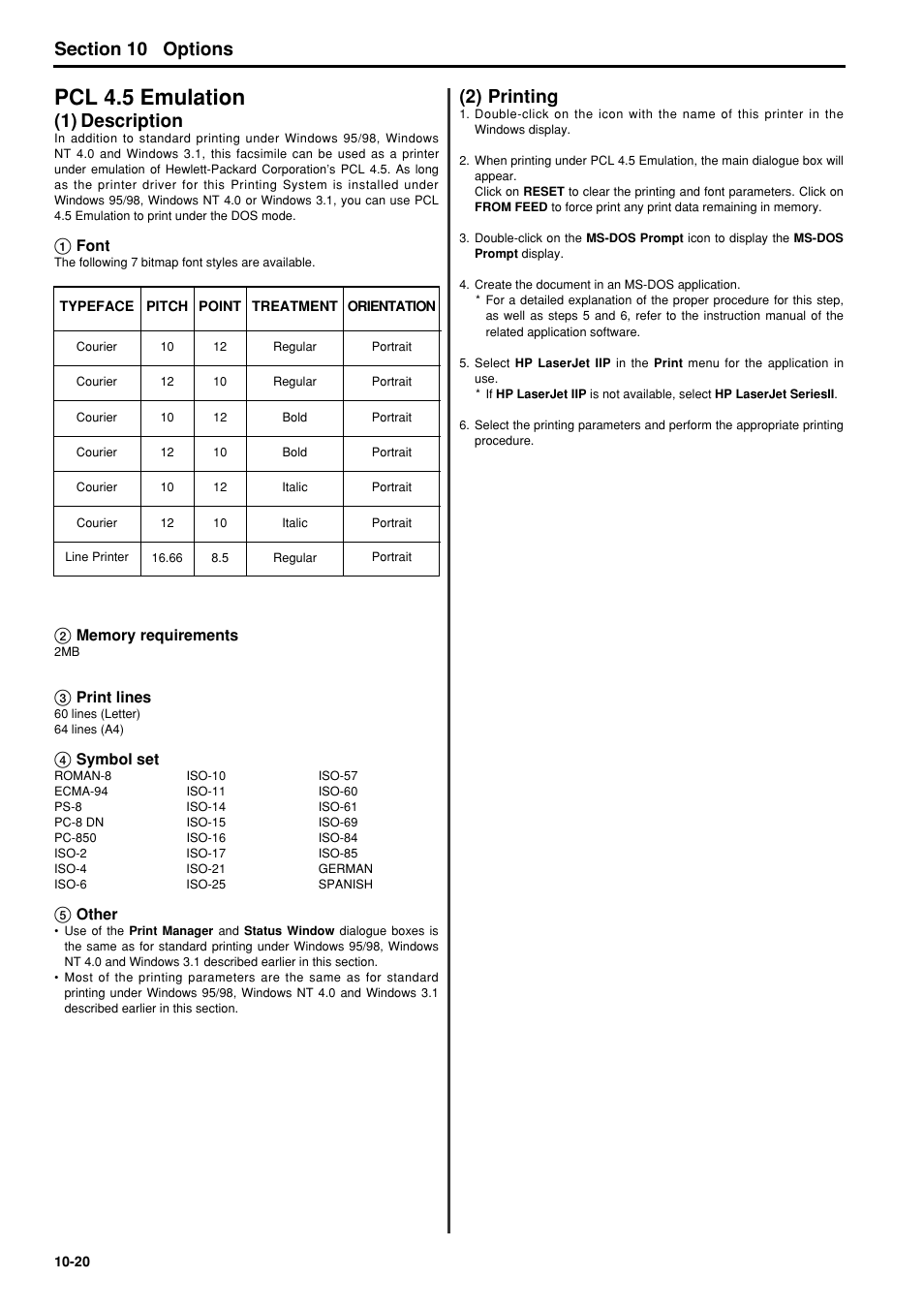 Pcl 4.5 emulation, 1) description, 2) printing | Pcl 4.5 emulation -20, 1) description -20, 2) printing -20, 6hfwlrq options | TA Triumph-Adler FAX 950 User Manual | Page 138 / 155