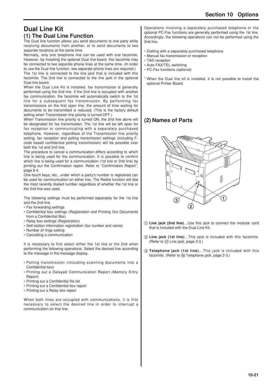 Dual line kit, 1) the dual line function, 2) names of parts | Dual line kit -21, 1) the dual line function -21, 2) names of parts -21, 6hfwlrq options, 13 2 (2) names of parts | TA Triumph-Adler FAX 950 User Manual | Page 139 / 155