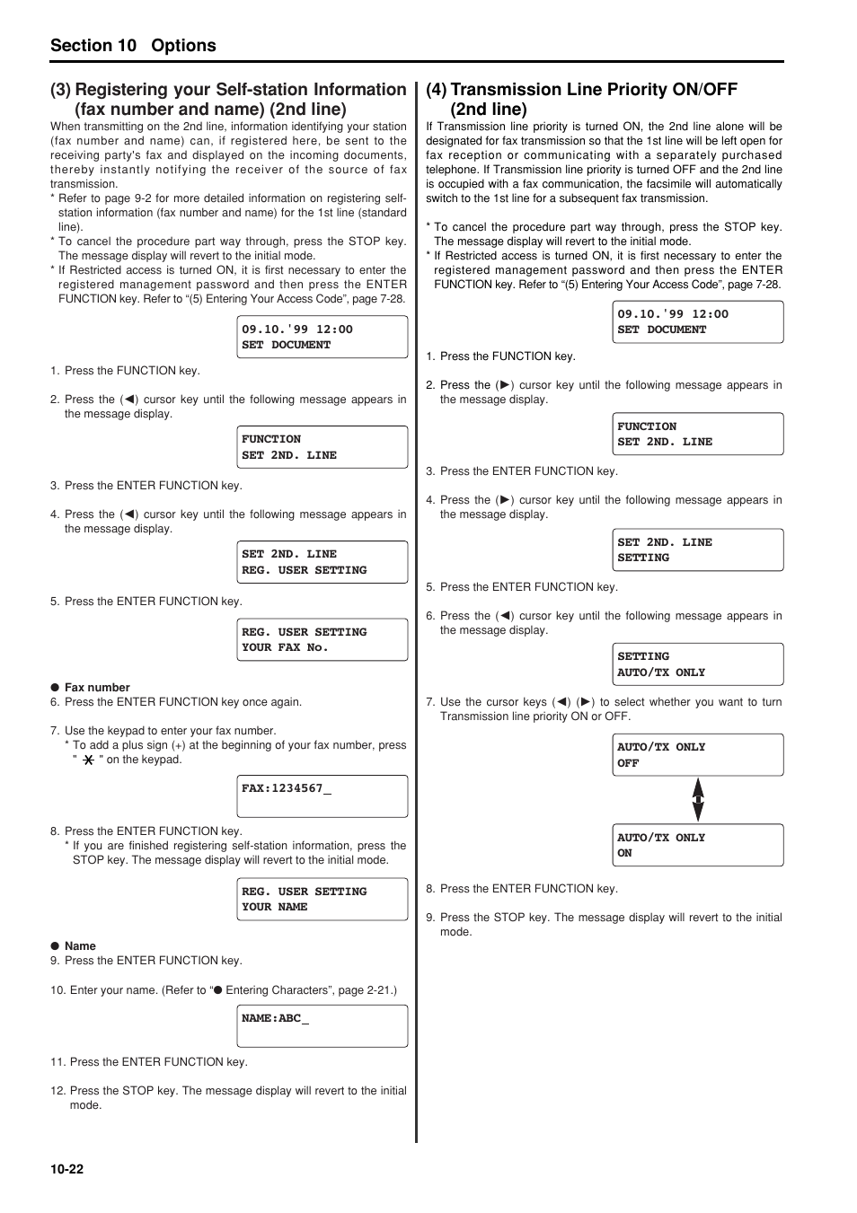 4) transmission line priority on/off (2nd line), 3) registering your self-station information, Fax number and name) (2nd line) -22 | 4) transmission line priority on/off, 2nd line) -22 | TA Triumph-Adler FAX 950 User Manual | Page 140 / 155