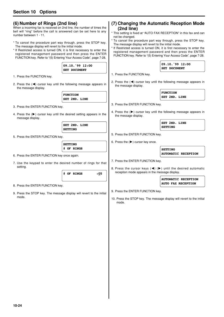 6) number of rings (2nd line), 6) number of rings (2nd line) -24, 7) changing the automatic reception | Mode (2nd line) -24, 6hfwlrq options (6) number of rings (2nd line) | TA Triumph-Adler FAX 950 User Manual | Page 142 / 155