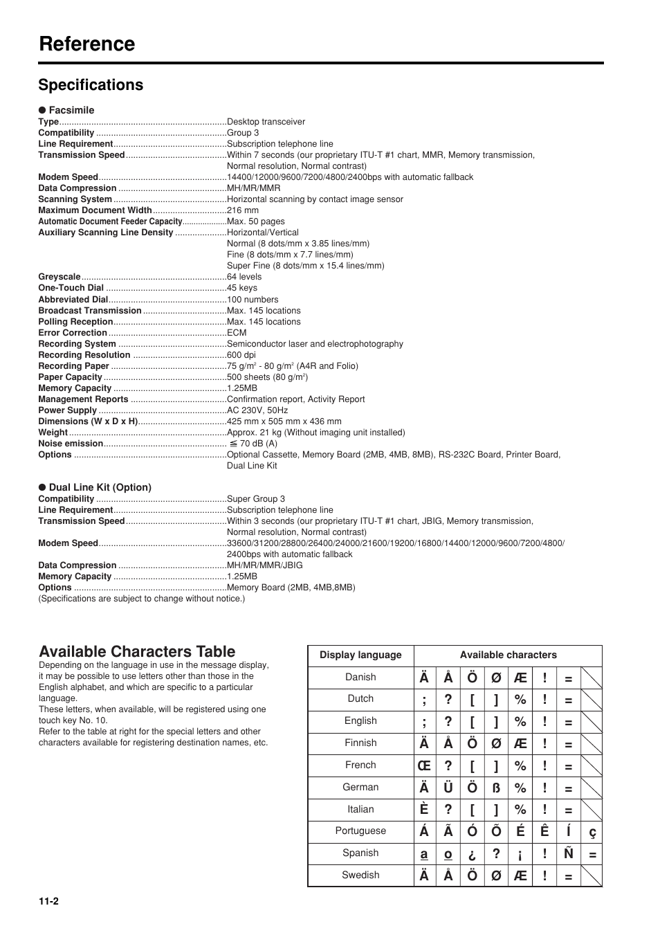 Specifications, Available characters table, Specifications -2 | Available characters table -2, Reference | TA Triumph-Adler FAX 950 User Manual | Page 146 / 155