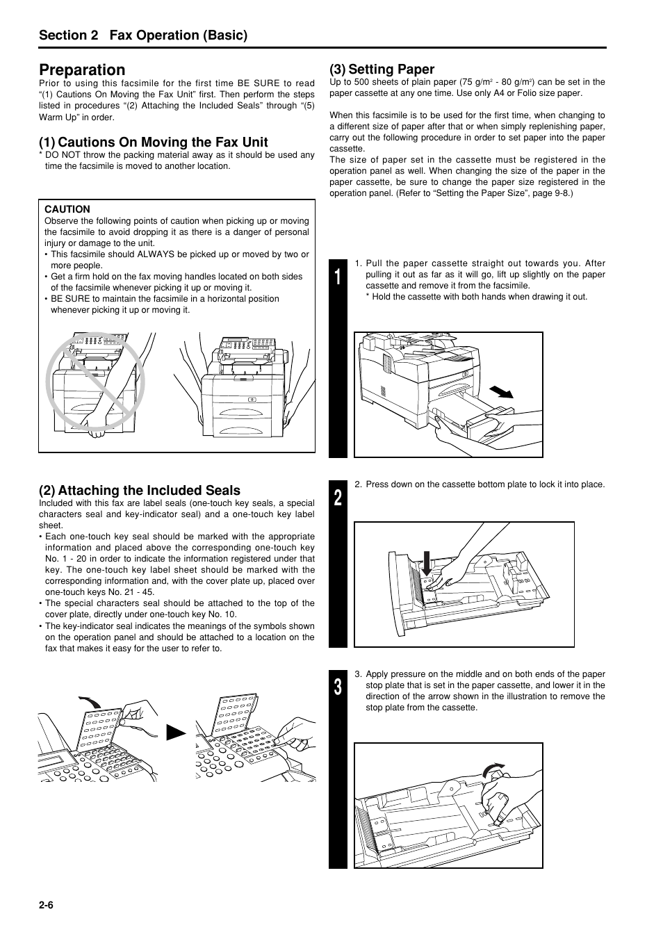 Preparation, 1) caution on moving the fax unit, 2) attaching the included seals | 3) setting paper, Preparation -6, 1) caution on moving the fax unit -6, 2) attaching the included seals -6, 3) setting paper -6, 6hfwlrq fax operation (basic), 1) cautions on moving the fax unit | TA Triumph-Adler FAX 950 User Manual | Page 18 / 155