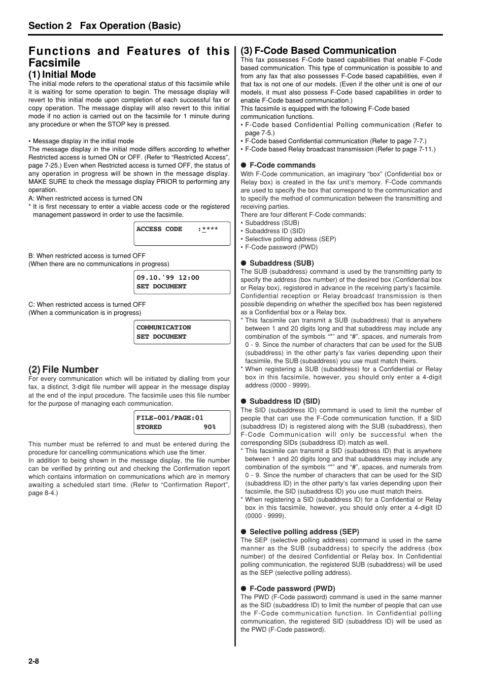 Functions and features of this facsimile, 1) initial mode, 2) file number | 3) f-code based communication, Functions and features of this facsimile -8, 1) initial mode -8, 2) file number -8, 3) f-code based communication -8, 6hfwlrq fax operation (basic) | TA Triumph-Adler FAX 950 User Manual | Page 20 / 155