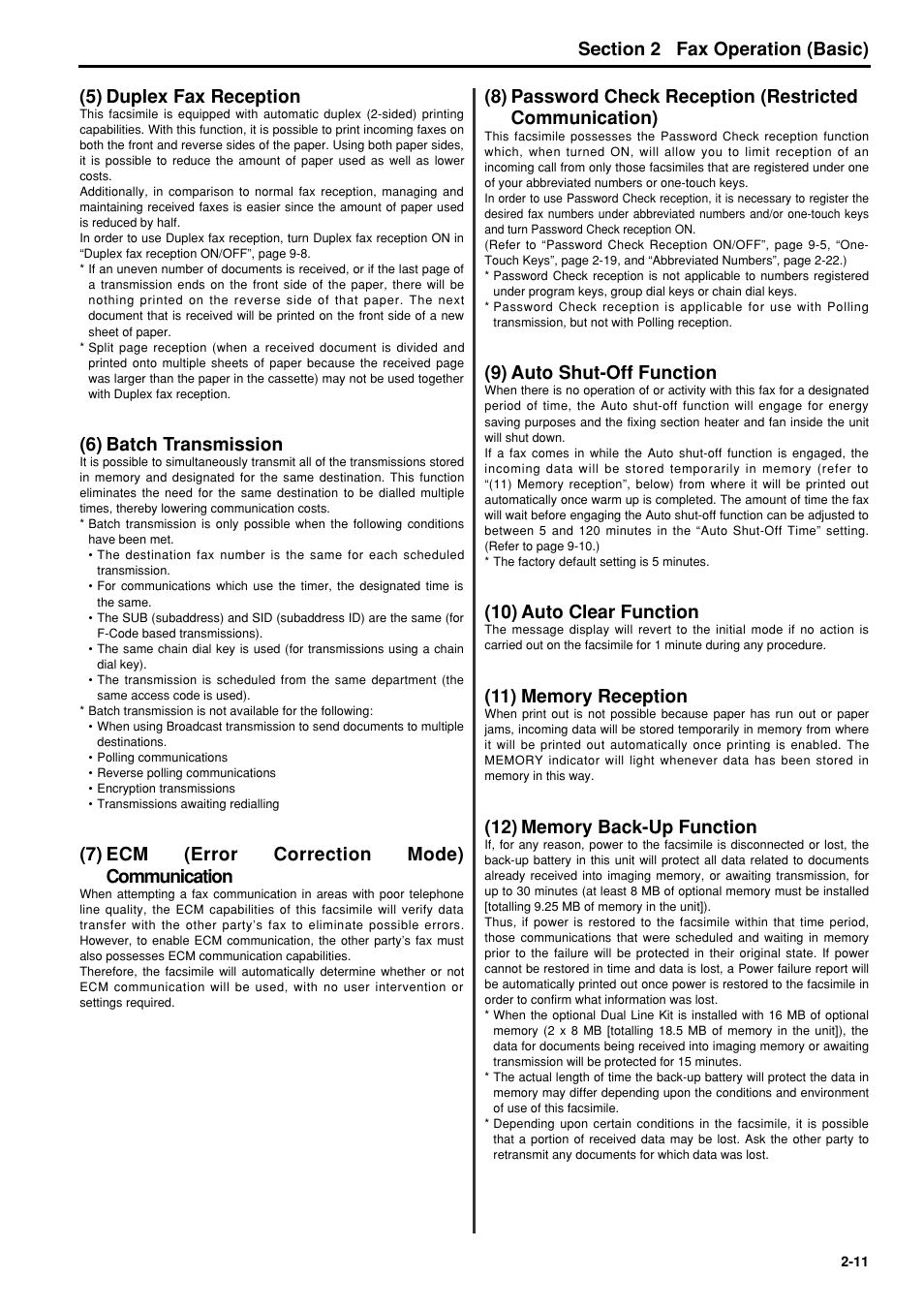 5) duplex fax reception, 6) batch transmission, 7) ecm (error correction mode)communication | 9) auto shut-off function, 10) auto clear function, 11) memory reception, 12) memory back-up function, 5) duplex fax reception -11, 6) batch transmission -11, 7) ecm (error correction mode) | TA Triumph-Adler FAX 950 User Manual | Page 23 / 155
