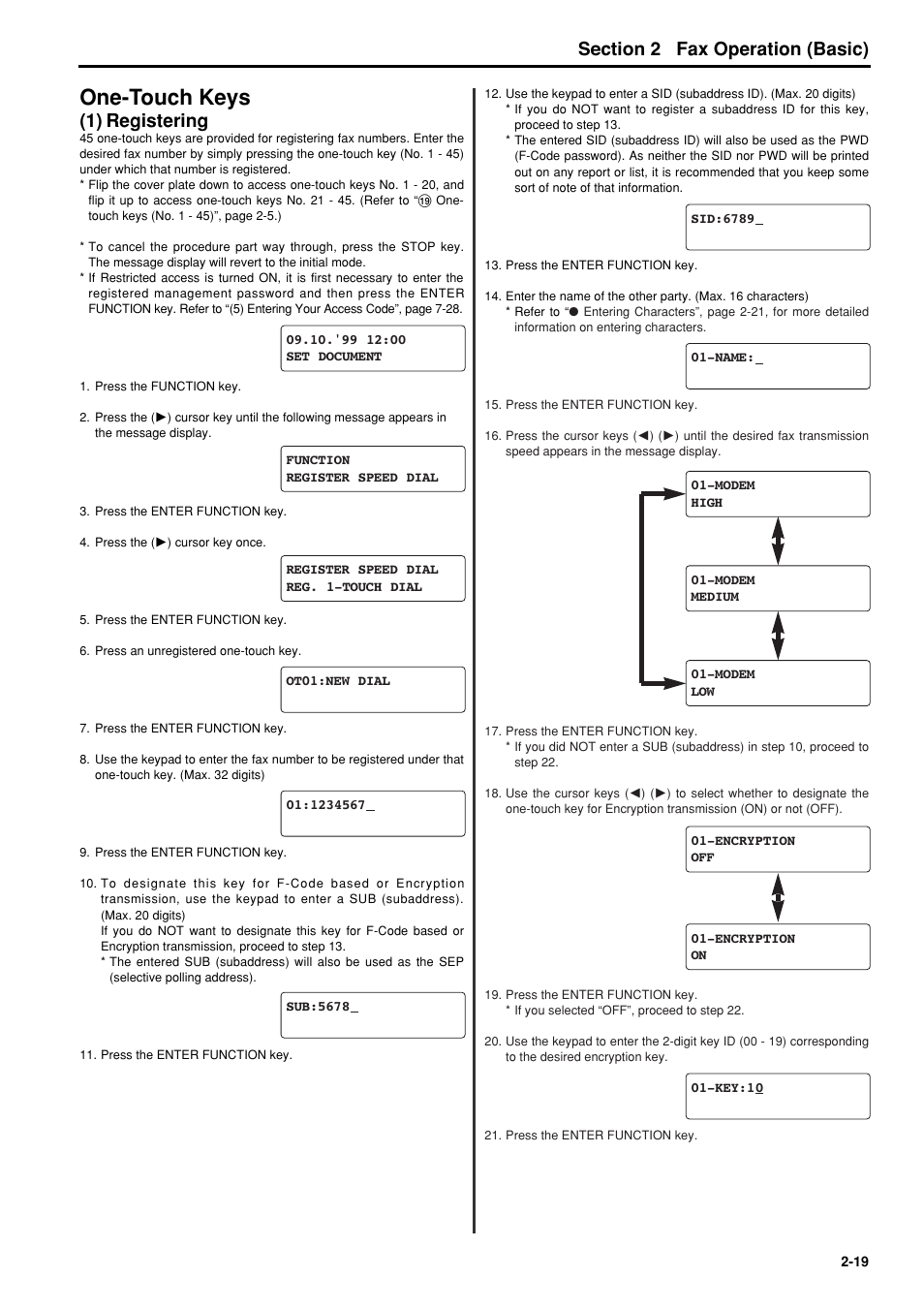 One-touch keys, 1) registering, One-touch keys -19 | 1) registering -19, 6hfwlrq fax operation (basic) | TA Triumph-Adler FAX 950 User Manual | Page 31 / 155