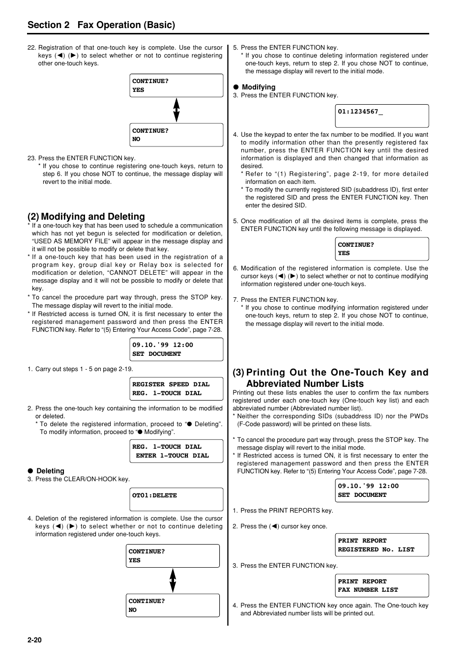 2) modifying and deleting, 2) modifying and deleting -20, 3) printing out the one-touch key and | Abbreviated number lists -20, 6hfwlrq fax operation (basic) | TA Triumph-Adler FAX 950 User Manual | Page 32 / 155