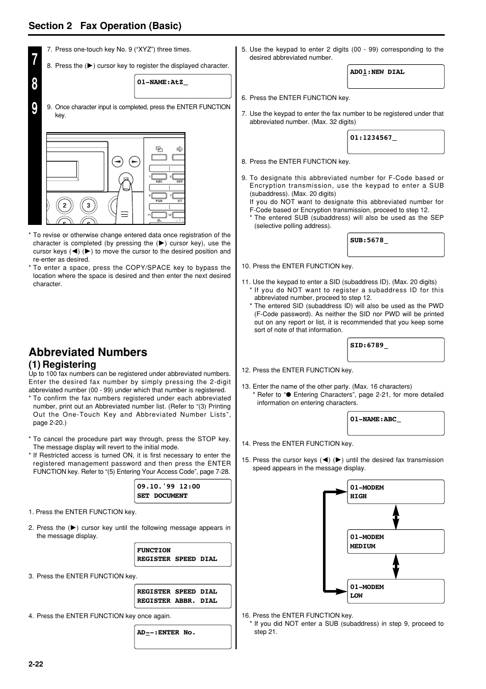 Abbreviated numbers, 1) registering, Abbreviated numbers -22 | 1) registering -22, 6hfwlrq fax operation (basic) | TA Triumph-Adler FAX 950 User Manual | Page 34 / 155
