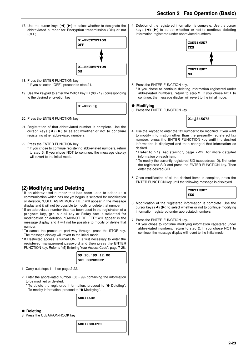 2) modifying and deleting, 2) modifying and deleting -23, 6hfwlrq fax operation (basic) | TA Triumph-Adler FAX 950 User Manual | Page 35 / 155