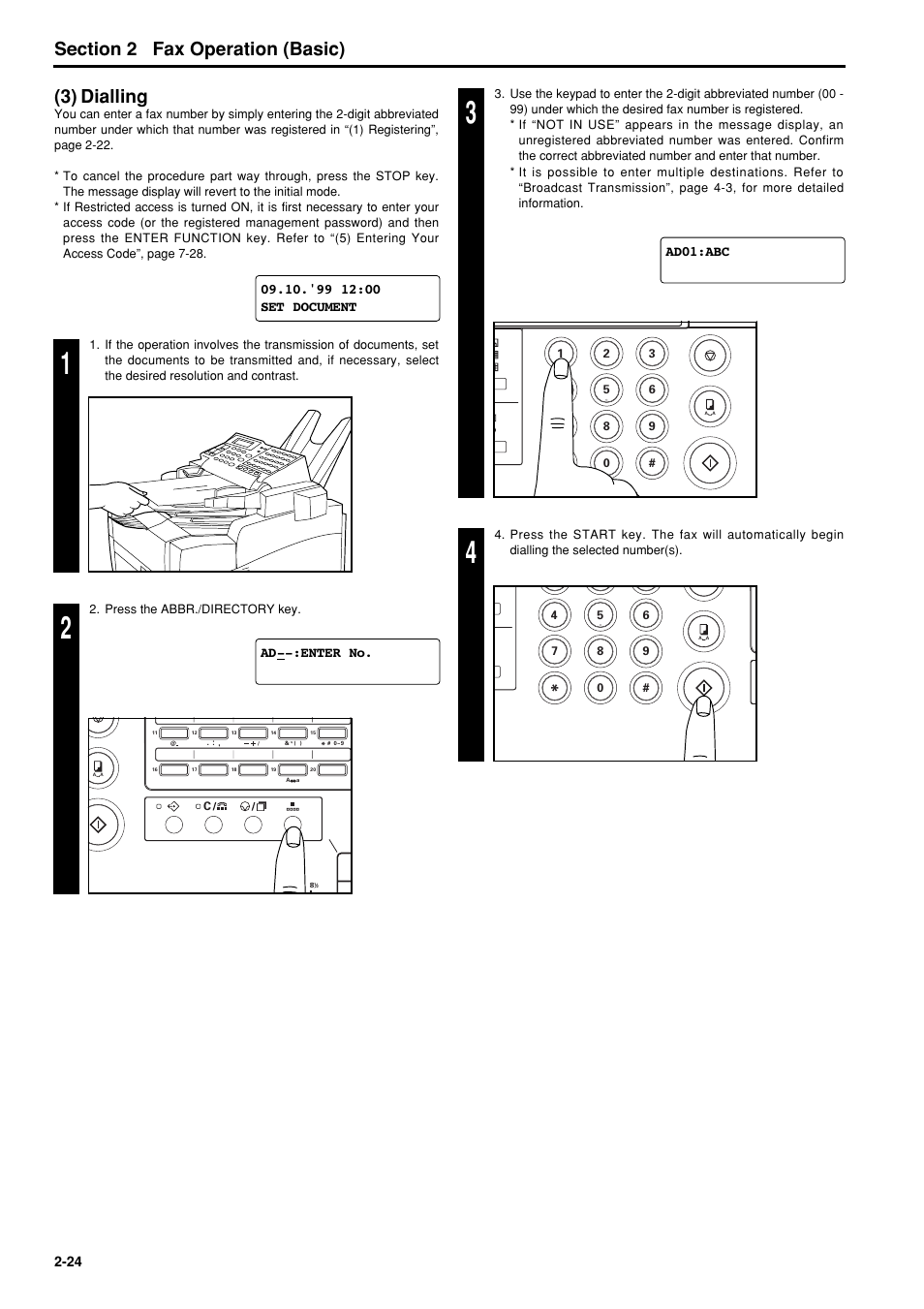 3) dialing, 3) dialing -24, 6hfwlrq fax operation (basic) | 3) dialling | TA Triumph-Adler FAX 950 User Manual | Page 36 / 155