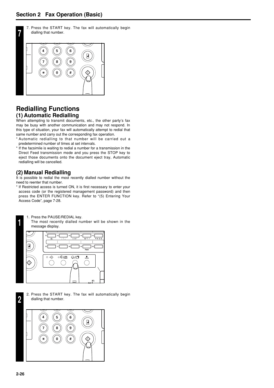 Redialing functions, 1) automatic redialing, 2) manual redialing | Redialing functions -26, 1) automatic redialing -26, 2) manual redialing -26, Redialling functions, 6hfwlrq fax operation (basic), 1) automatic redialling, 2) manual redialling | TA Triumph-Adler FAX 950 User Manual | Page 38 / 155