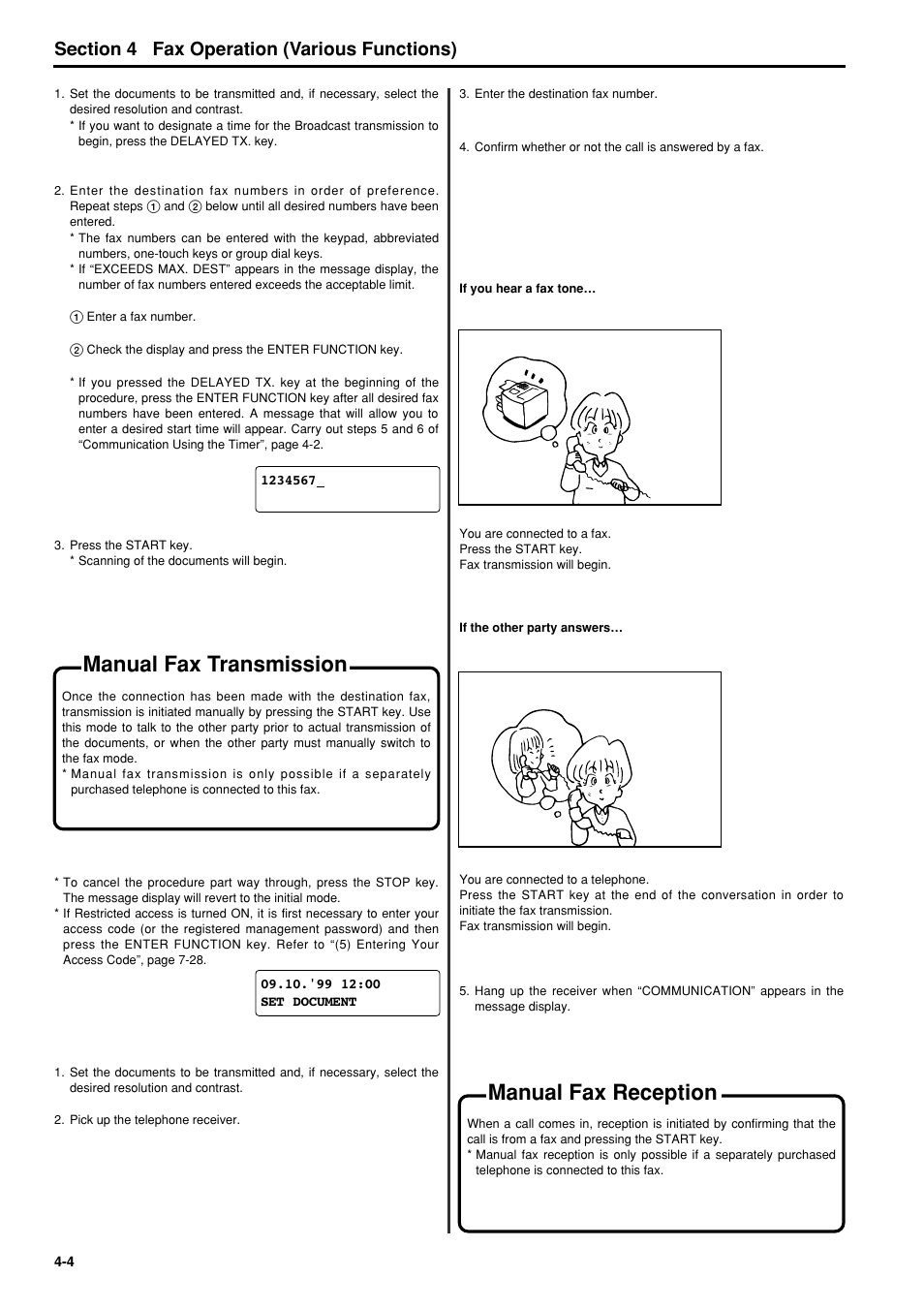 Manual fax transmission, Manual fax reception, Manual fax transmission -4 | Manual fax reception -4, 6hfwlrq fax operation (various functions) | TA Triumph-Adler FAX 950 User Manual | Page 50 / 155