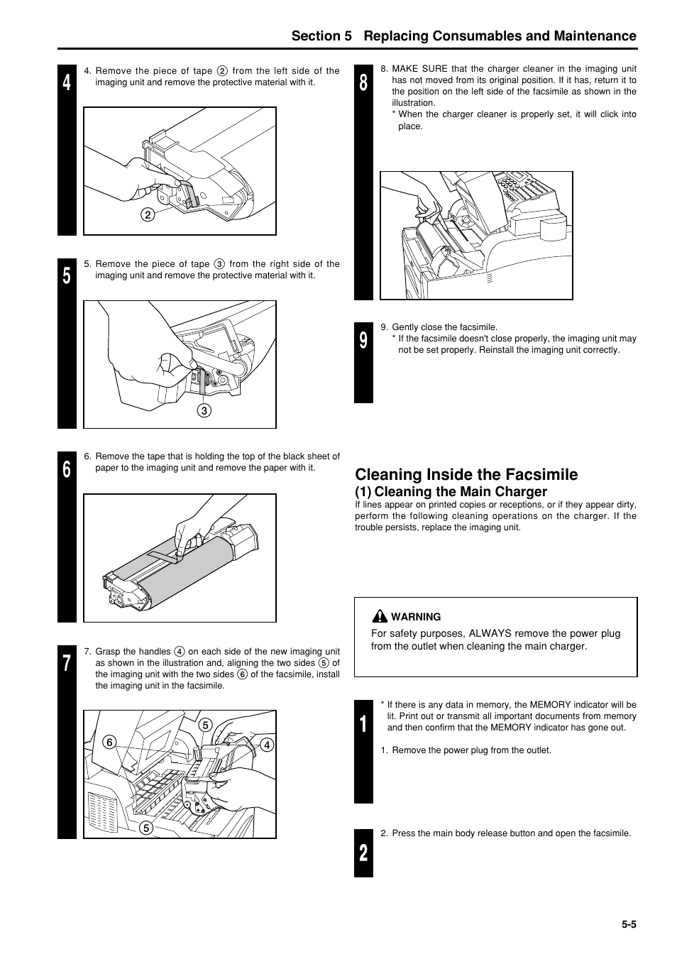 Cleaning inside the facsimile, 1) cleaning the main charger, Cleaning inside the facsimile -5 | 1) cleaning the main charger -5 | TA Triumph-Adler FAX 950 User Manual | Page 59 / 155