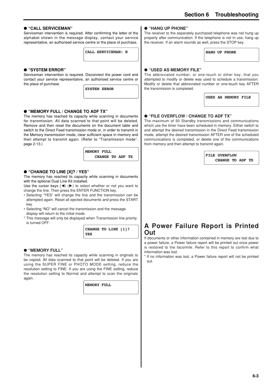 A power failure report is printed out, A power failure report is printed out -3, 6hfwlrq troubleshooting | TA Triumph-Adler FAX 950 User Manual | Page 63 / 155