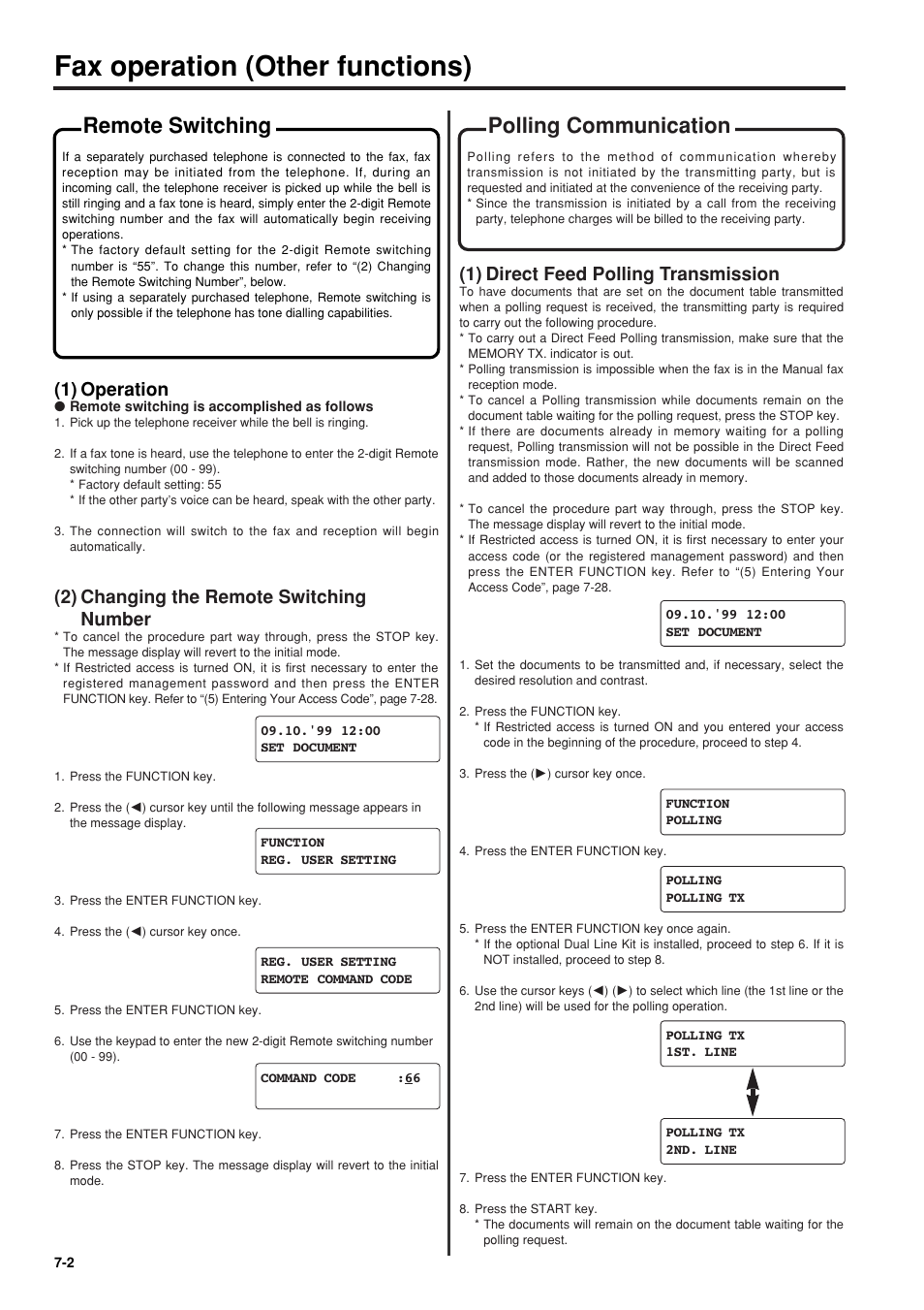 Remote switching, 1) operation, 2) changing the remote switching number | Polling communication, 1) polling transmission, 1) operation -2, 2) changing the remote switching number -2, Polling communication -2, 1) polling transmission -2, Fax operation (other functions) | TA Triumph-Adler FAX 950 User Manual | Page 74 / 155