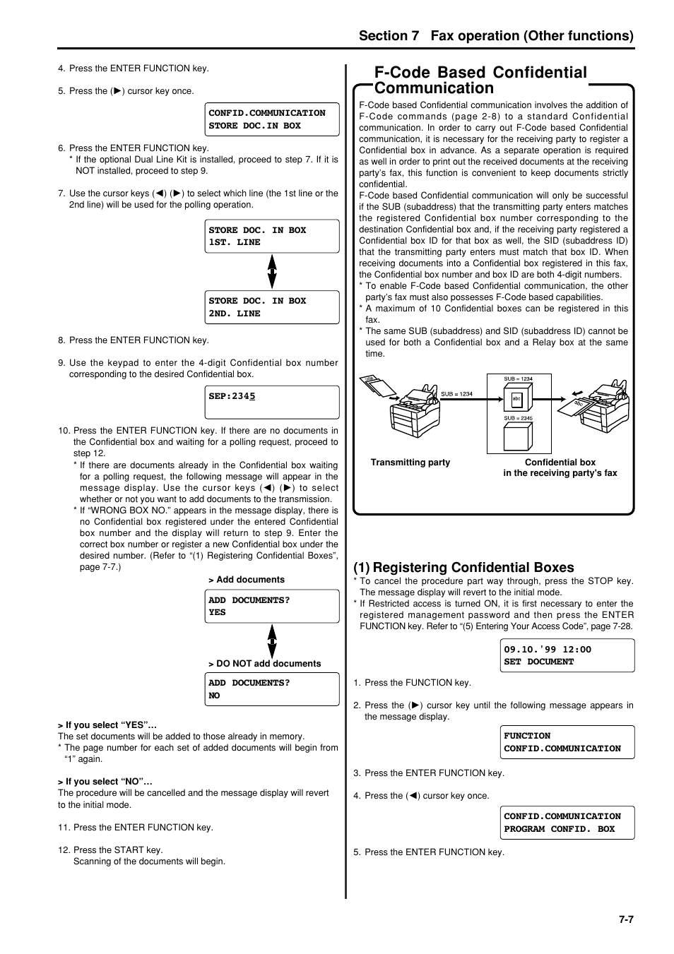 F-code based confidential communication, 1) registering confidential boxes, F-code based confidential communication -7 | 1) registering confidential boxes -7, 6hfwlrq fax operation (other functions) | TA Triumph-Adler FAX 950 User Manual | Page 79 / 155
