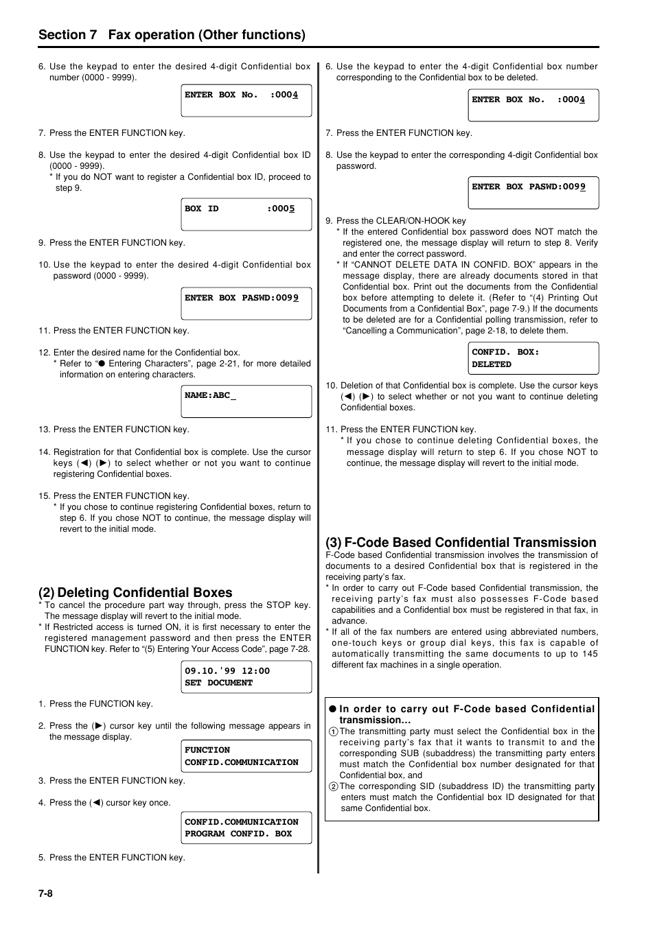 2) deleting confidential boxes, 3) f-code based confidential transmission, 2) deleting confidential boxes -8 | 3) f-code based confidential transmission -8, 6hfwlrq fax operation (other functions) | TA Triumph-Adler FAX 950 User Manual | Page 80 / 155