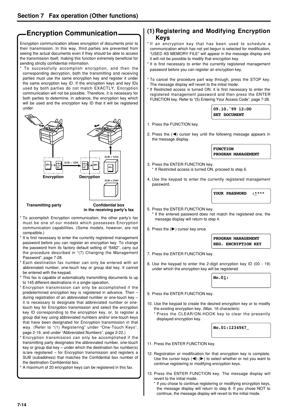 Encryption communication, 1) registering and modifying encryption keys, Encryption communication -14 | 1) registering and modifying encryption, Keys -14 | TA Triumph-Adler FAX 950 User Manual | Page 86 / 155