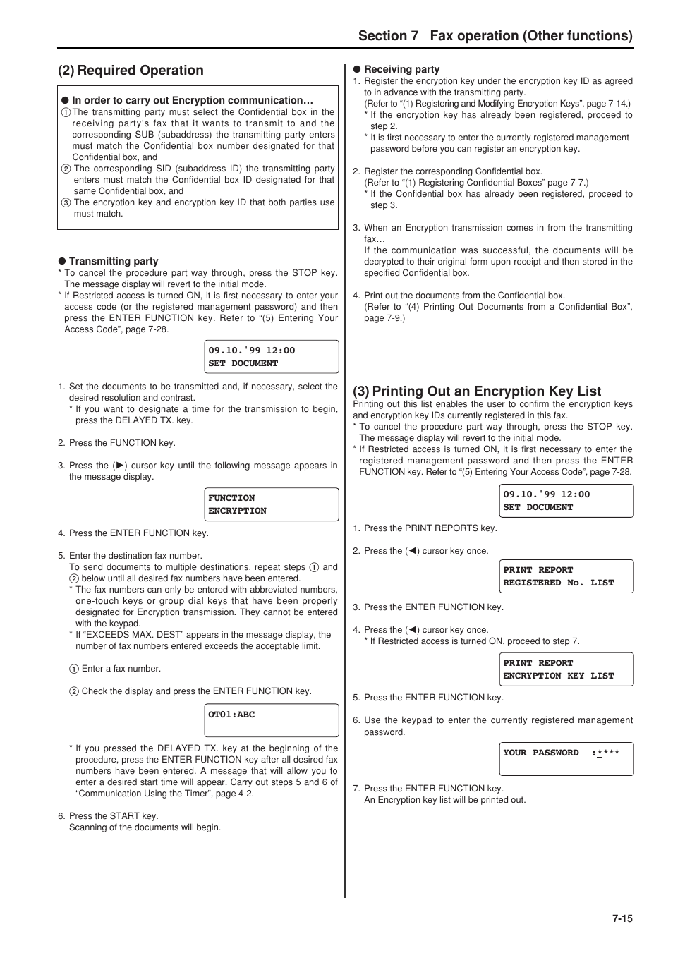 2) required operation, 3) printing out an encryption key list, 2) required operation -15 | 3) printing out an encryption key list -15, 6hfwlrq fax operation (other functions) | TA Triumph-Adler FAX 950 User Manual | Page 87 / 155