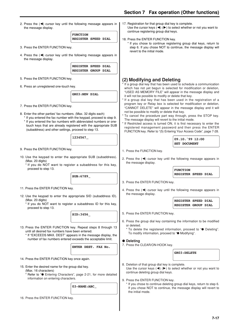 2) modifying and deleting, 2) modifying and deleting -17, 6hfwlrq fax operation (other functions) | TA Triumph-Adler FAX 950 User Manual | Page 89 / 155