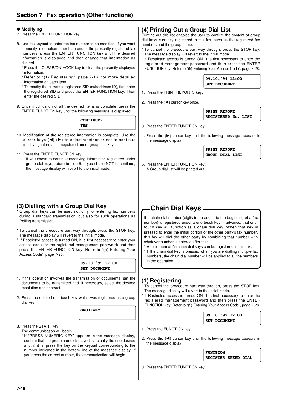 3) dialing with a group dial key, 4) printing out a group dial list, Chain dial keys | 1) registering, 3) dialing with a group dial key -18, 4) printing out a group dial list -18, Chain dial keys -18, 1) registering -18, 3) dialling with a group dial key | TA Triumph-Adler FAX 950 User Manual | Page 90 / 155