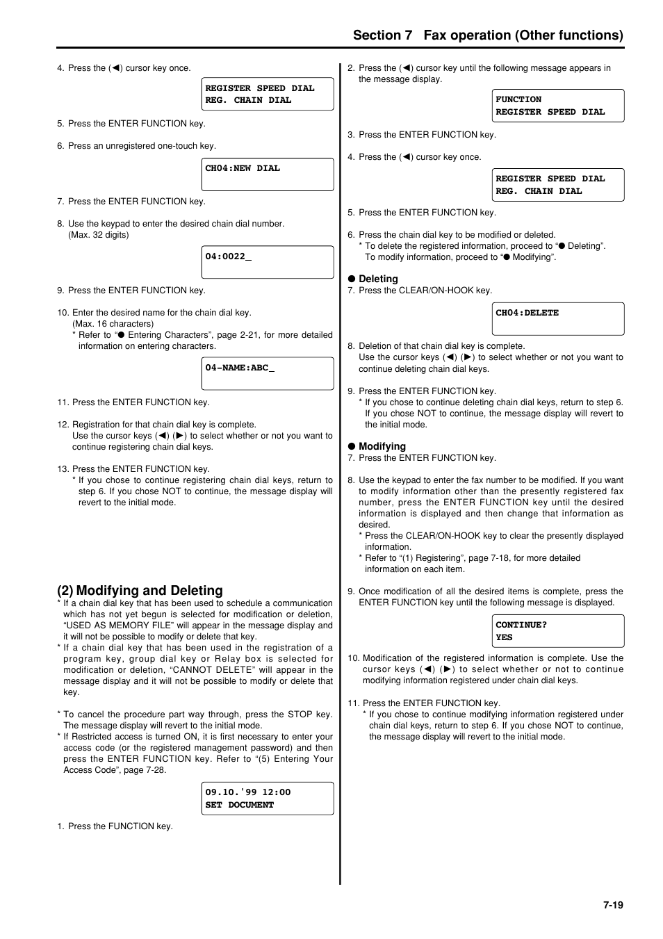 2) modifying and deleting, 2) modifying and deleting -19, 6hfwlrq fax operation (other functions) | TA Triumph-Adler FAX 950 User Manual | Page 91 / 155