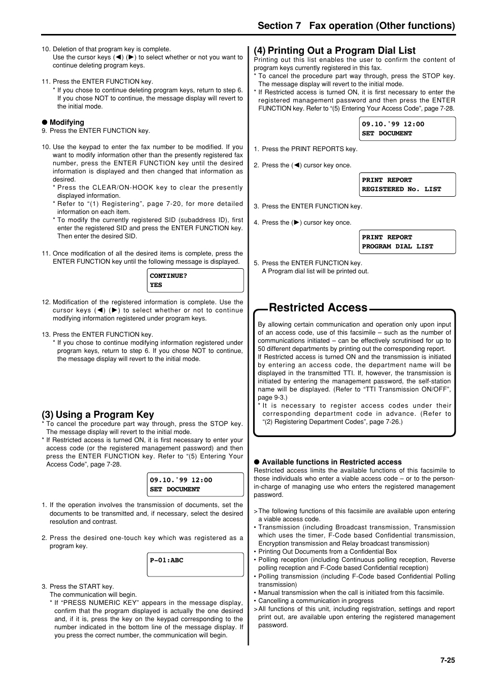 3) using a program key, 4) printing out a program dial list, Restricted access | 3) using a program key -25, 4) printing out a program dial list -25, Restricted access -25 | TA Triumph-Adler FAX 950 User Manual | Page 97 / 155