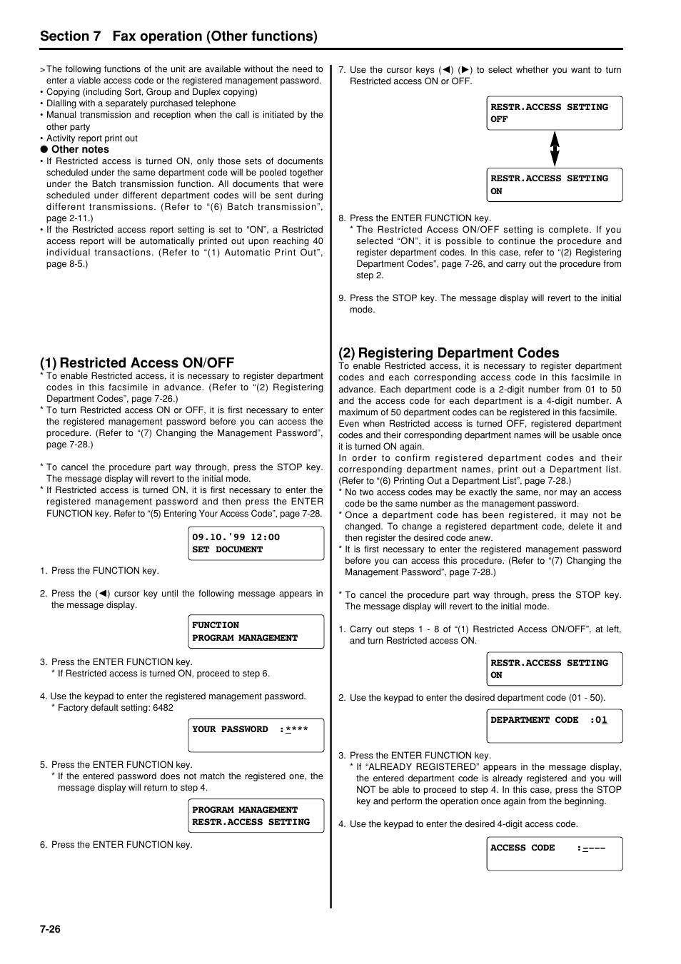 1) restricted access on/off, 2) registering department codes, 1) restricted access on/off -26 | 2) registering department codes -26 | TA Triumph-Adler FAX 950 User Manual | Page 98 / 155