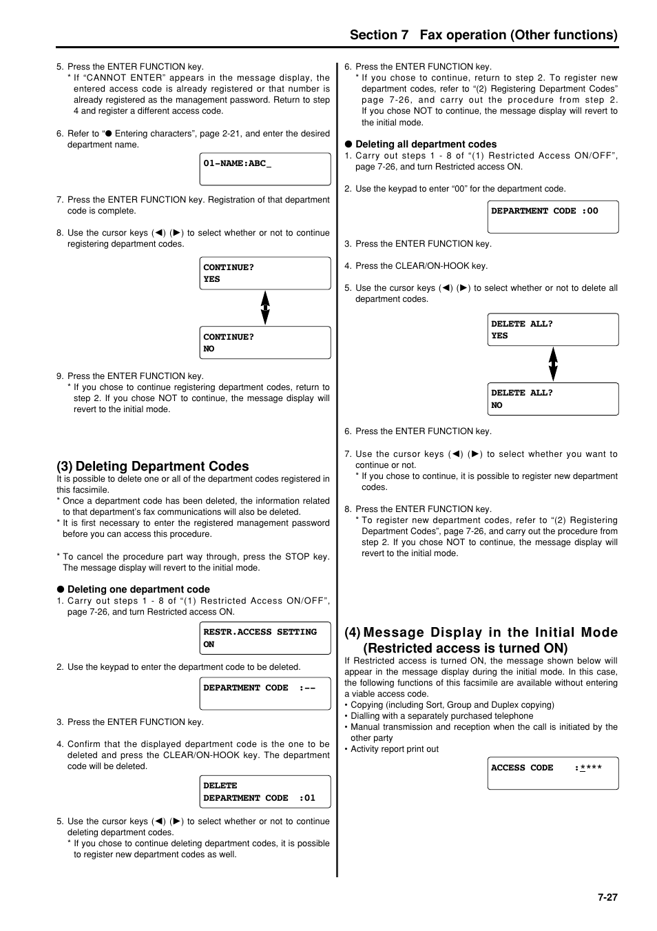 3) deleting department codes, 3) deleting department codes -27, 4) message display in the initial mode | Restricted access is turned on) -27, 6hfwlrq fax operation (other functions) | TA Triumph-Adler FAX 950 User Manual | Page 99 / 155